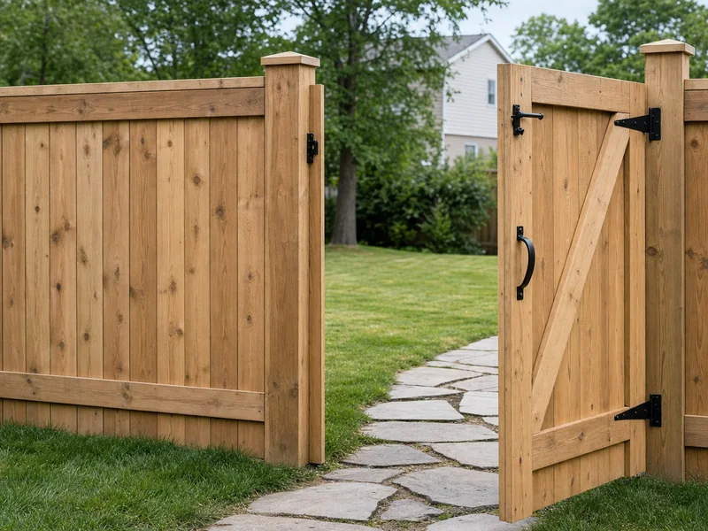 Cedar wood gate standing open between two posts, with black strap hinges and latch