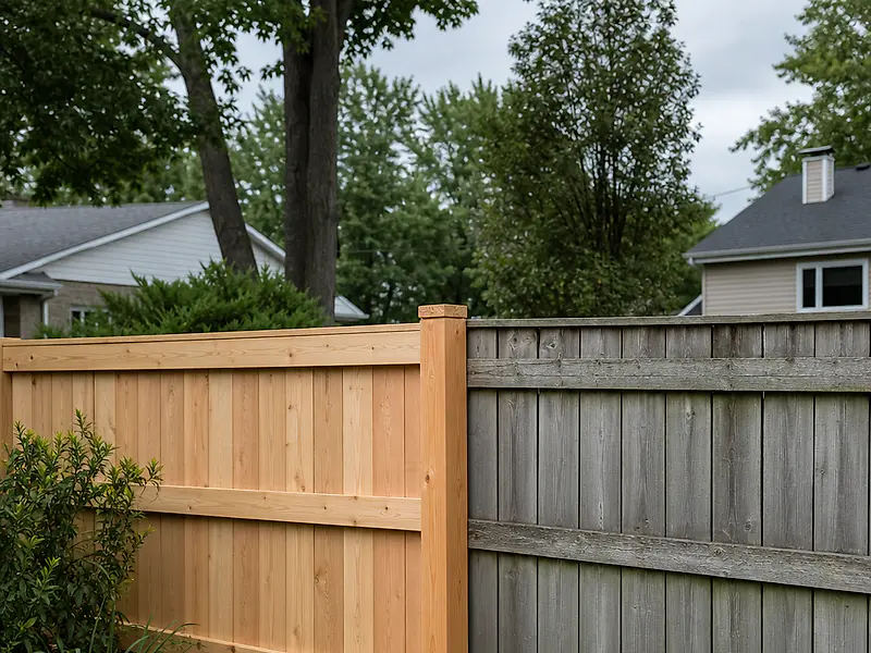 Section of wood fence repaired with a new post